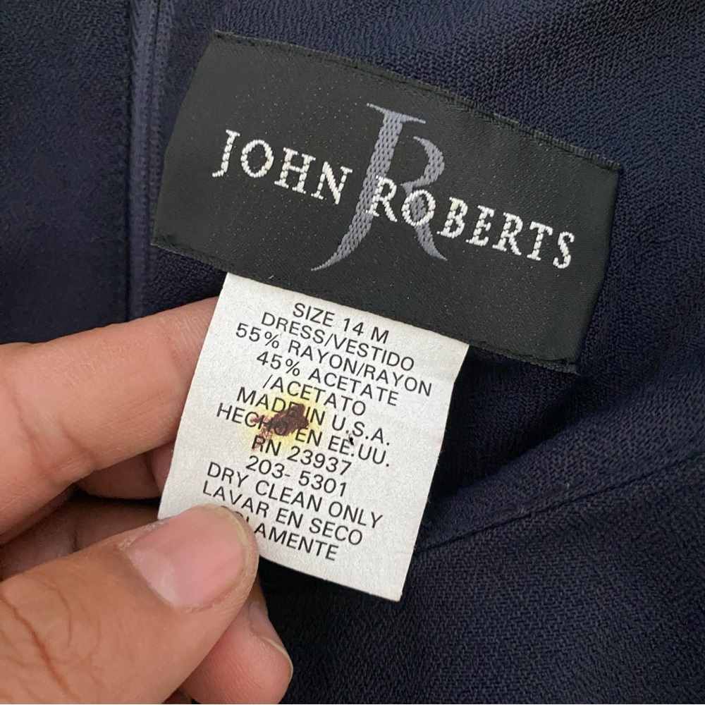 John Roberts Women's Vintage Dress Size 14 Navy Blue Embroidered-detail Waist - Picture 7 of 9